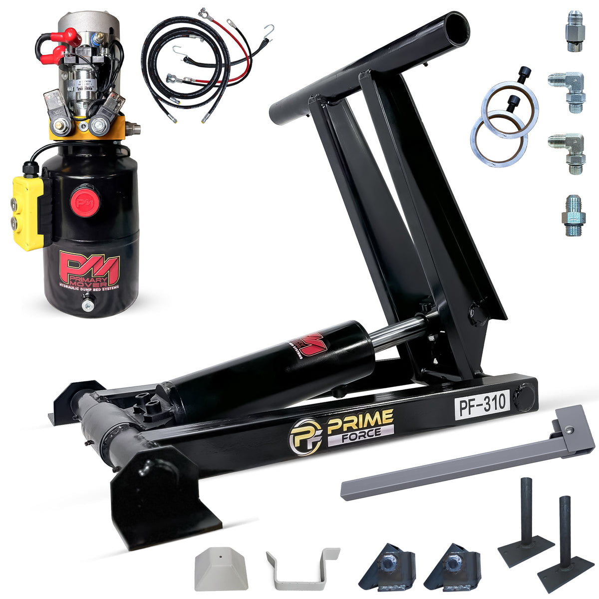 **Title:** 3 Ton Hydraulic Scissor Hoist Kit - PF-310

**Meta Description:** Compact PF-310 hoist kit for 8-10' dump bodies; 3-ton lift capacity, durable cylinder design, and complete installation components included.

**Alt Text:** PF-310 scissor hoist kit with hydraulic power unit, subframe, cylinder, hoses, and mounting brackets for 8-10' dump bodies.