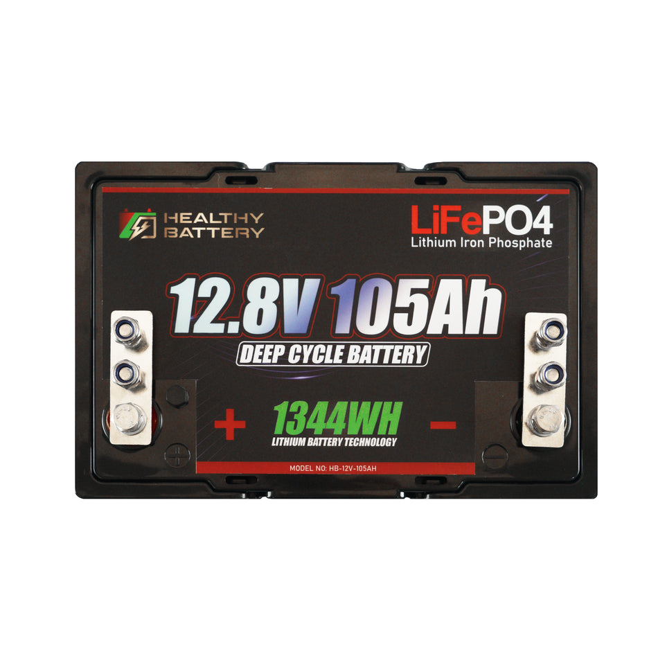 **Title:** Healthy Battery 12.8V 105Ah LiFePO4 Deep Cycle Battery  

**Alt Text:** Healthy Battery 12.8V 105Ah LiFePO4 deep-cycle battery with visible terminals and label details, designed for high-demand applications and hydraulic systems.  

**Meta Description:** Discover the Healthy Battery 12.8V 105Ah LiFePO4 Deep Cycle Battery, ideal for hydraulic systems, featuring 1344Wh energy, 365A discharge, and Bluetooth monitoring.