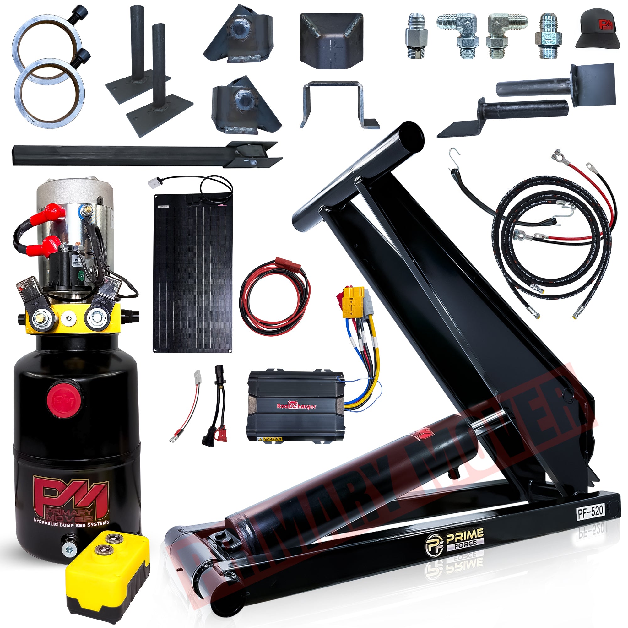 10 Ton Hydraulic Scissor Hoist Kit - Fits 12-16' Dump Body PF-520

Complete kit includes hydraulic cylinder, power unit, remote, solar charger, fittings, and mounting hardware for a 10-ton capacity dump bed conversion.
