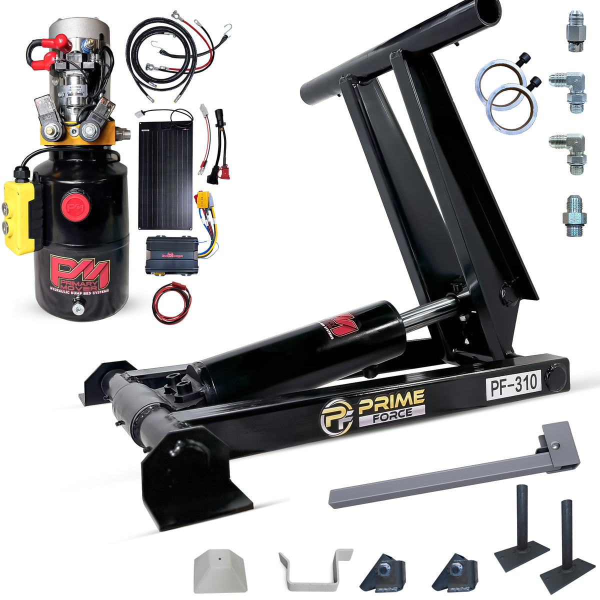 **Title:** 3 Ton Hydraulic Scissor Hoist Kit - Fits 8-10' Dump Body - PF-310

**Meta Description:** Discover the PF-310 Scissor Hoist Kit, designed for 8-10' dump bodies. Ideal for tight spaces, it boasts a 3-ton capacity and durable build.

**Alt Text:** Hydraulic dump-bed lift kit with pump, hoses, lift cylinder, and mounting components for 8-10' dump bodies.