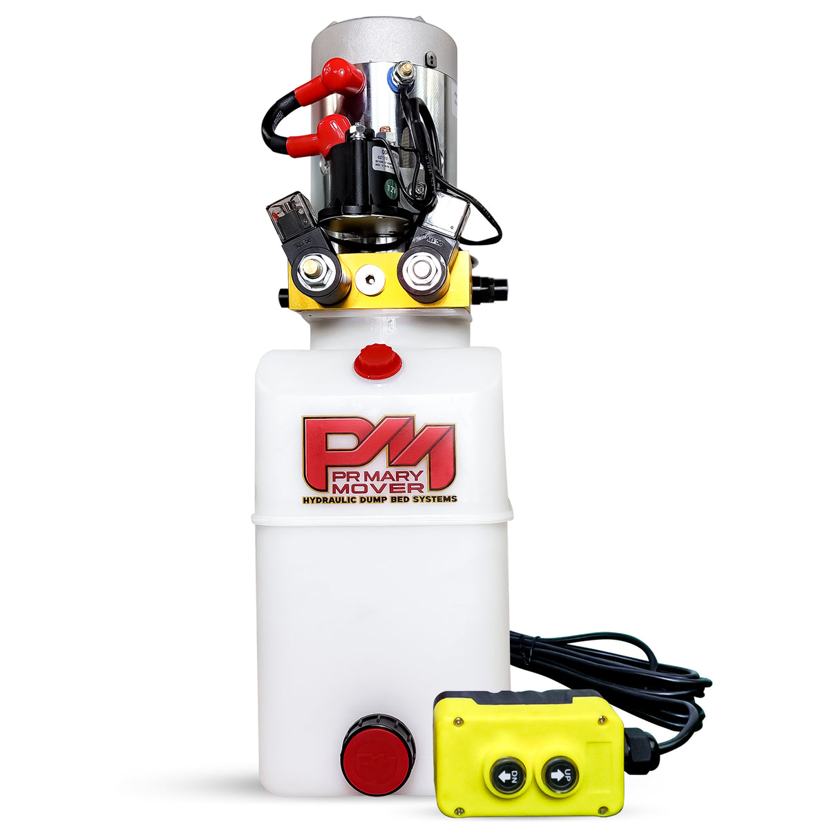 Primary Mover 12V Double-Acting Hydraulic Pump - Poly Reservoir shown with red and black buttons, wiring, and a yellow control box. Ideal for hydraulic dump systems.