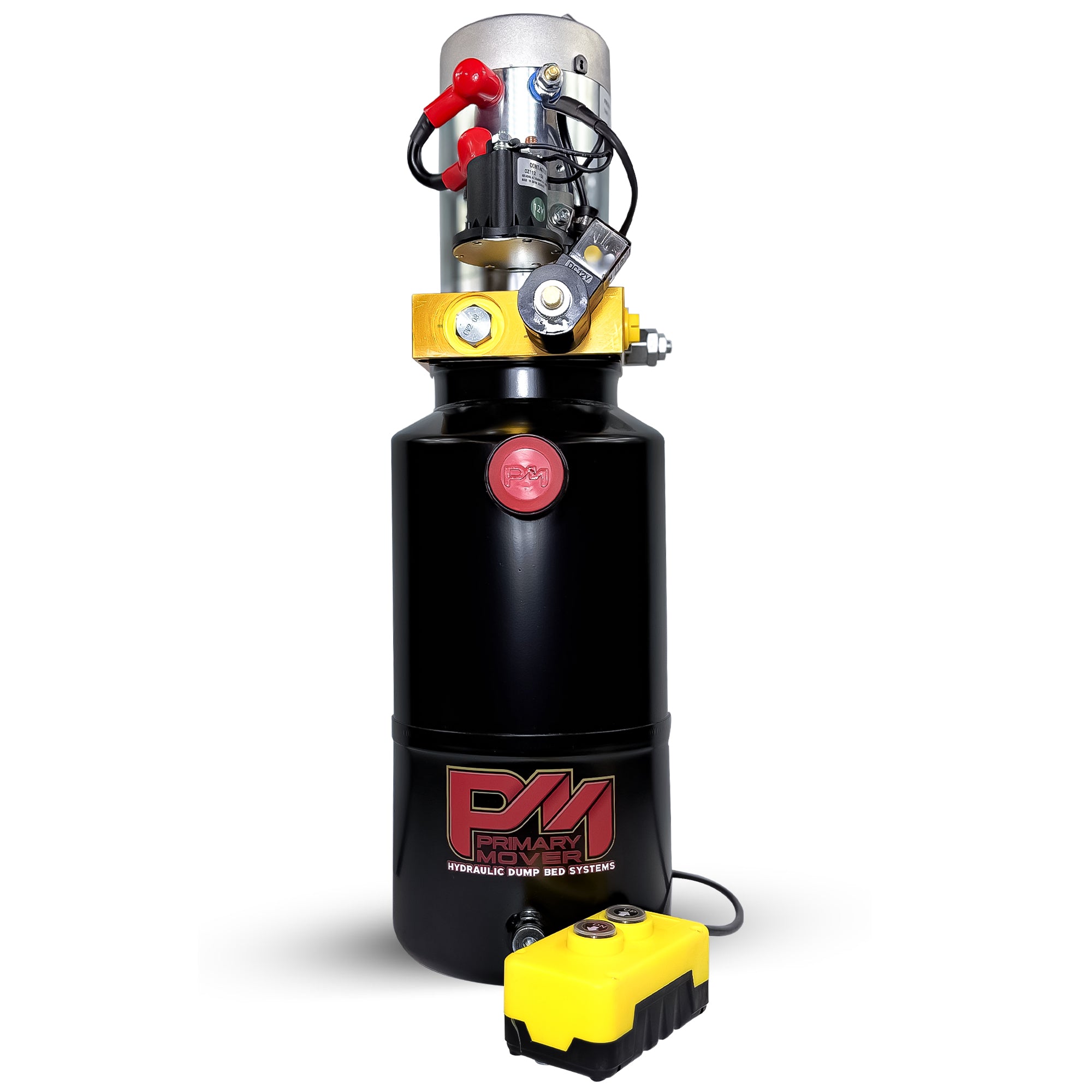 Primary Mover 12V Single-Acting Hydraulic Pump with steel reservoir, featuring a black cylindrical design with visible red and yellow accents, ideal for heavy-duty applications.