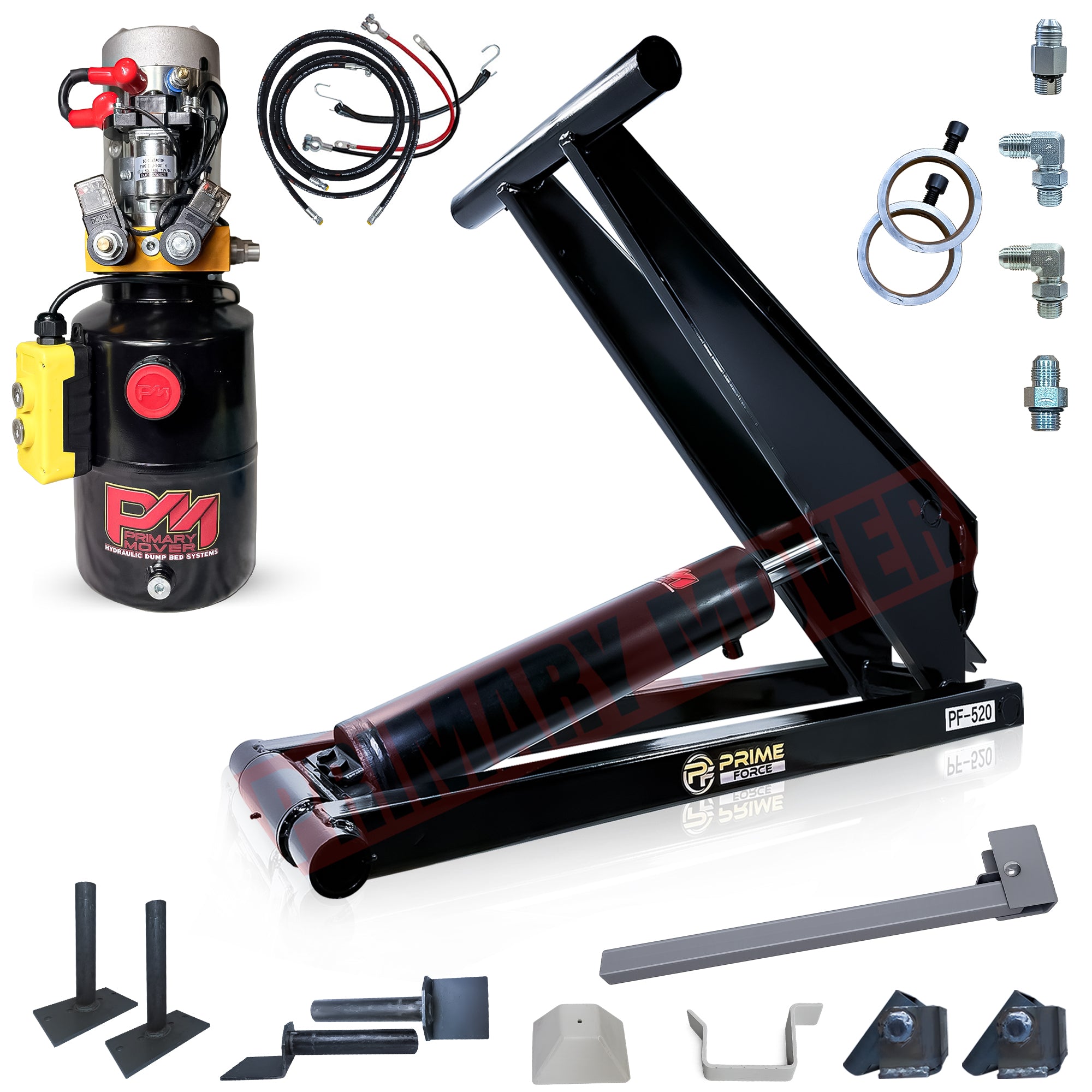 10 Ton Hydraulic Scissor Hoist Kit - Fits 12-16' Dump Body PF-520

Hydraulic dump-bed kit with power unit, hoses, cylinder, and mounting brackets for converting flatbeds or trailers into dump beds.