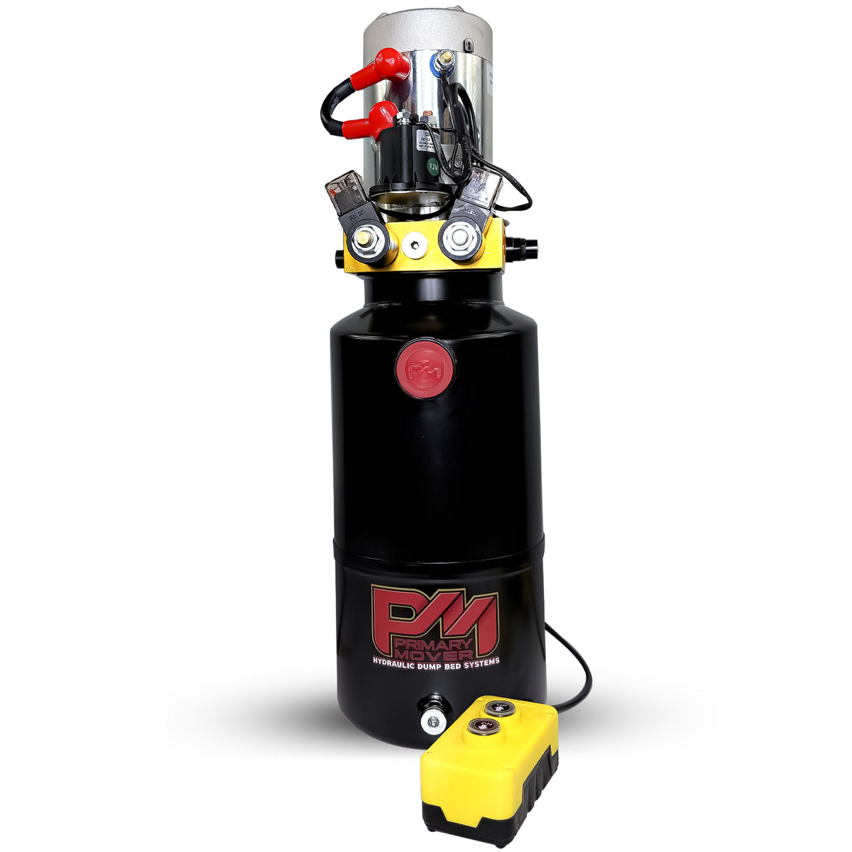 Primary Mover 12V Double-Acting Hydraulic Pump with steel reservoir, featuring dual-acting precision for dump beds, visible black cylinder with red and yellow elements.