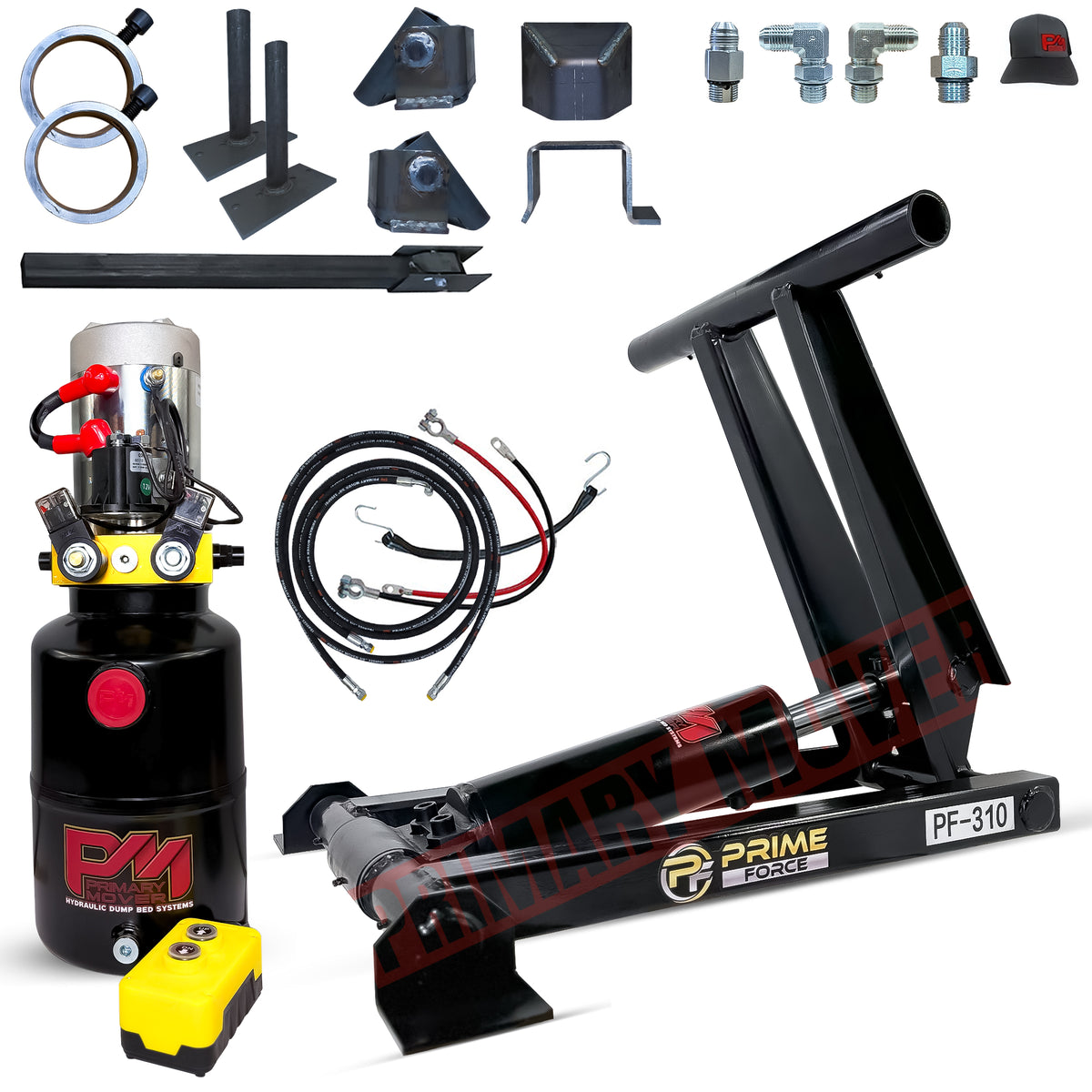 **Title:** 3 Ton Hydraulic Scissor Hoist Kit - Fits 8-10' Dump Body - PF-310

**Meta Description:** Complete PF-310 hydraulic kit for efficient dump-bed conversion, featuring 3.5 cylinder, 3-ton capacity, and low-profile fit for trailers or trucks.

**Alt Text:** PF-310 scissor hoist kit showing hydraulic power unit, remote, cylinder, hoses, and mounting components for dump-bed conversion.