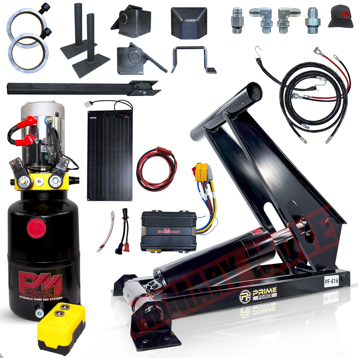 Title: 11 Ton Hydraulic Scissor Hoist Kit for 12-16' Dump Body

Meta Description: Complete PF-616-6 scissor hoist kit with hydraulic components and solar charger, ideal for dump trailers.

Alt Text: The PF-616-6 kit includes a hydraulic cylinder, power unit, battery, solar panel, hoses, and mounting brackets for 12-16' dump trailers.