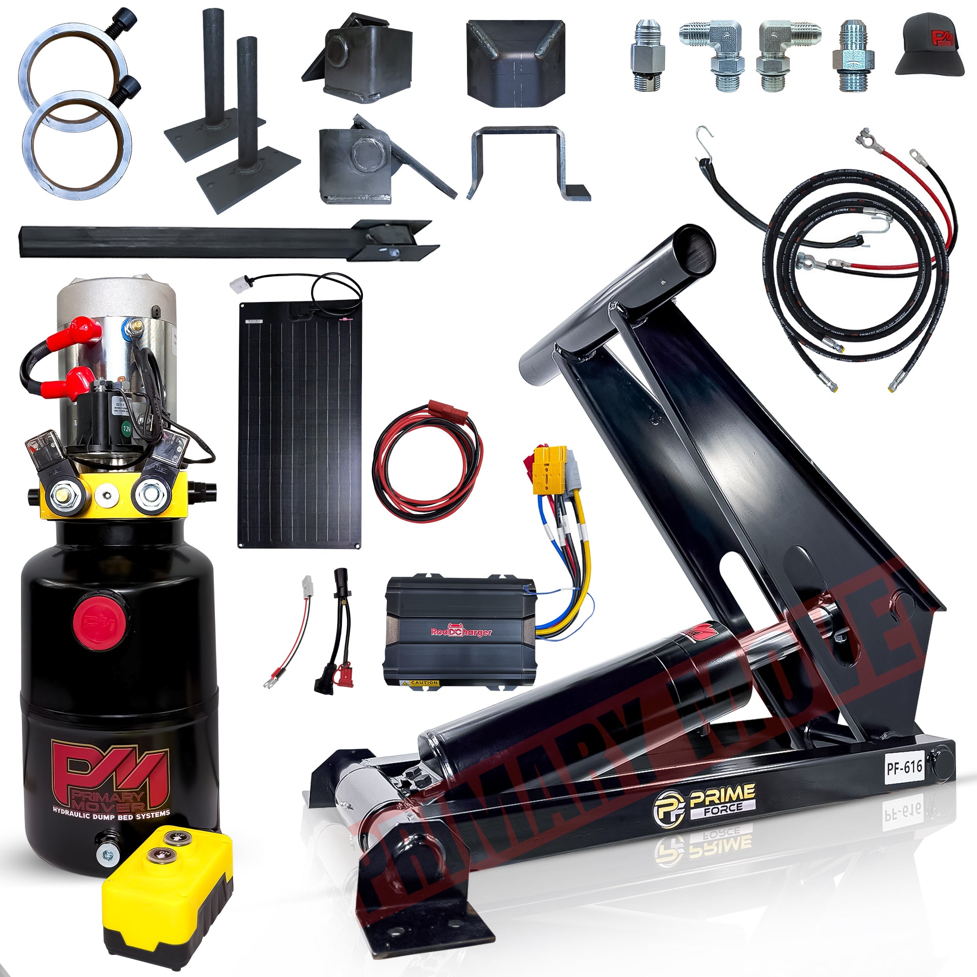 Title: 11 Ton Hydraulic Scissor Hoist Kit for 12-16' Dump Body

Meta Description: Complete PF-616-6 scissor hoist kit with hydraulic components and solar charger, ideal for dump trailers.

Alt Text: The PF-616-6 kit includes a hydraulic cylinder, power unit, battery, solar panel, hoses, and mounting brackets for 12-16' dump trailers.