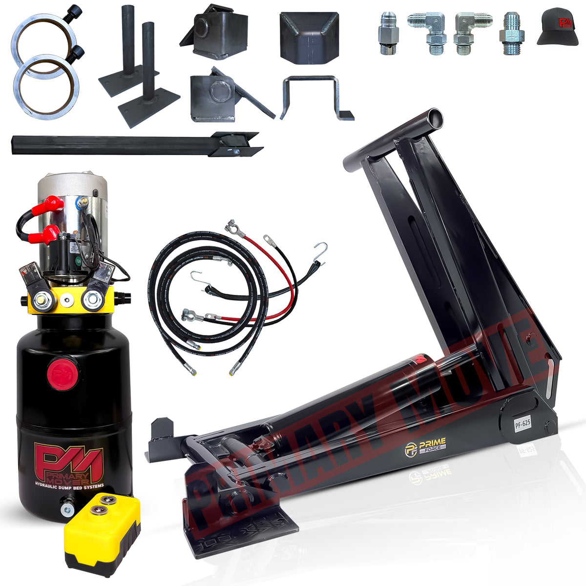 12 Ton HD Hydraulic Scissor Hoist Kit - Fits 16-20' Dump Body PF-625: Complete kit includes hoist, power unit, control pendant, hoses, brackets, and fittings for dump trailers.