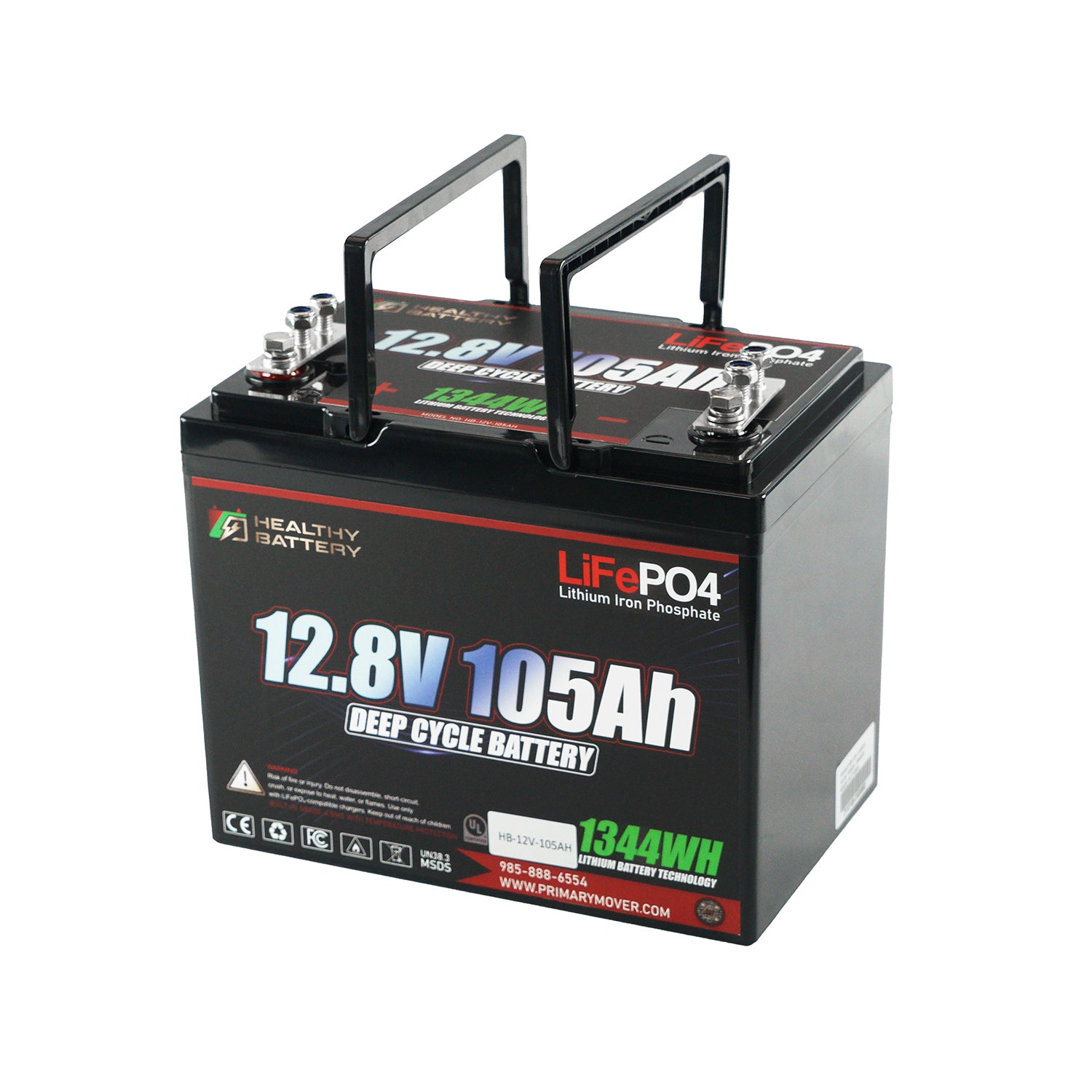 **Title:** Healthy Battery 12.8V 105Ah LiFePO4 Deep Cycle Battery

**Alt Text:** Sealed 12.8V 105Ah LiFePO4 battery pack with carrying handles.

**Meta Description:** Discover the Healthy Battery 12.8V 105Ah LiFePO4, ideal for RVs, boats, and solar storage. Reliable, high-output power with smart BMS and Bluetooth monitoring.
