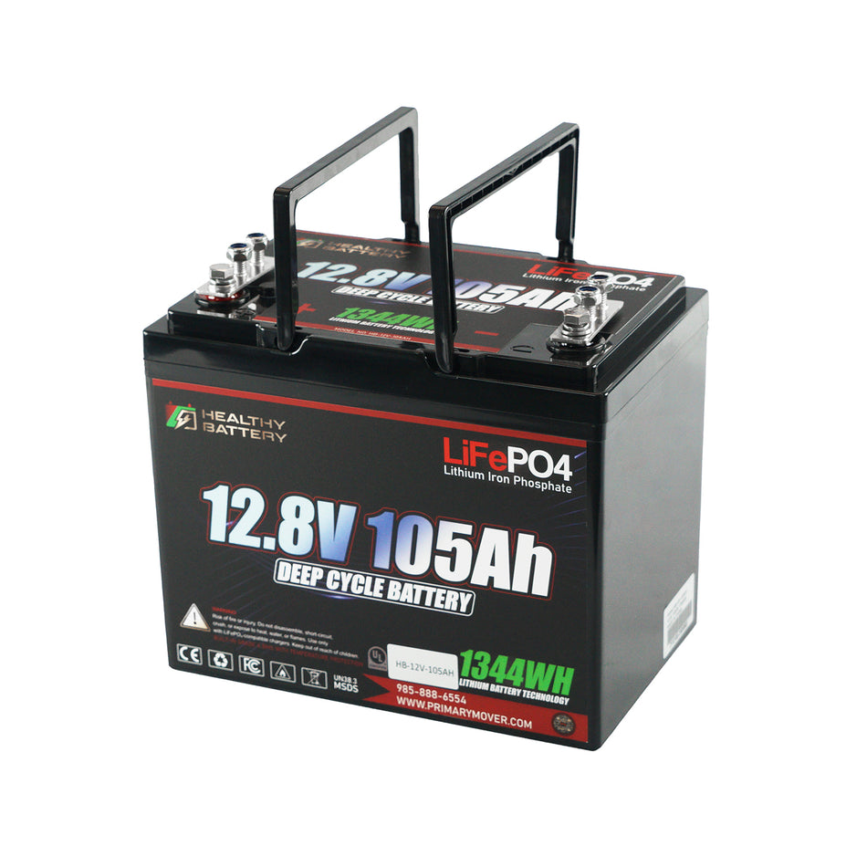 **Title:** Healthy Battery 12.8V 105Ah LiFePO4 Deep Cycle Battery

**Alt Text:** Sealed 12.8V 105Ah LiFePO4 battery pack with carrying handles.

**Meta Description:** Discover the Healthy Battery 12.8V 105Ah LiFePO4, ideal for RVs, boats, and solar storage. Reliable, high-output power with smart BMS and Bluetooth monitoring.