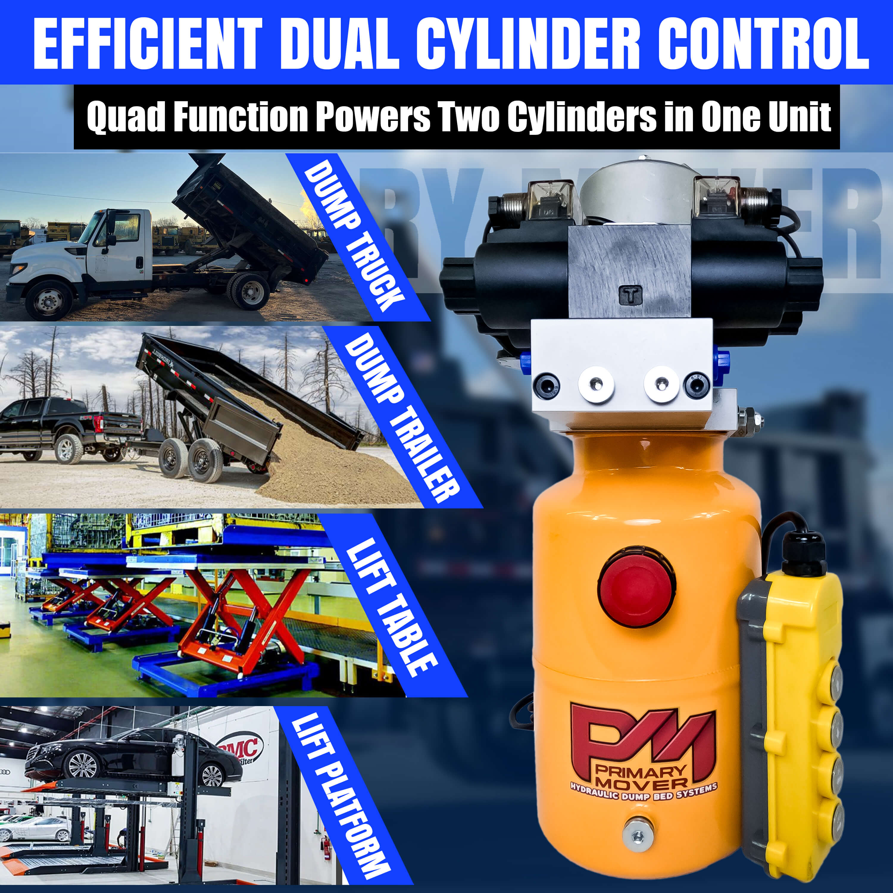 Compact and powerful Primary Mover 12V Dual Double-Acting Hydraulic Power Unit for dump trailers and trucks, enabling four hydraulic actions simultaneously. Used for any truck or trailer application. 1/2 ton truck dump bed kit.