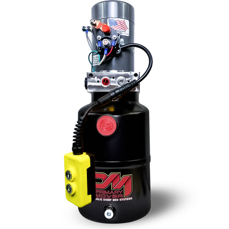 KTI 12V Single-Acting Hydraulic Pump - Steel Reservoir, featuring a compact, durable design with a prominent red button for efficient dump bed system operation.