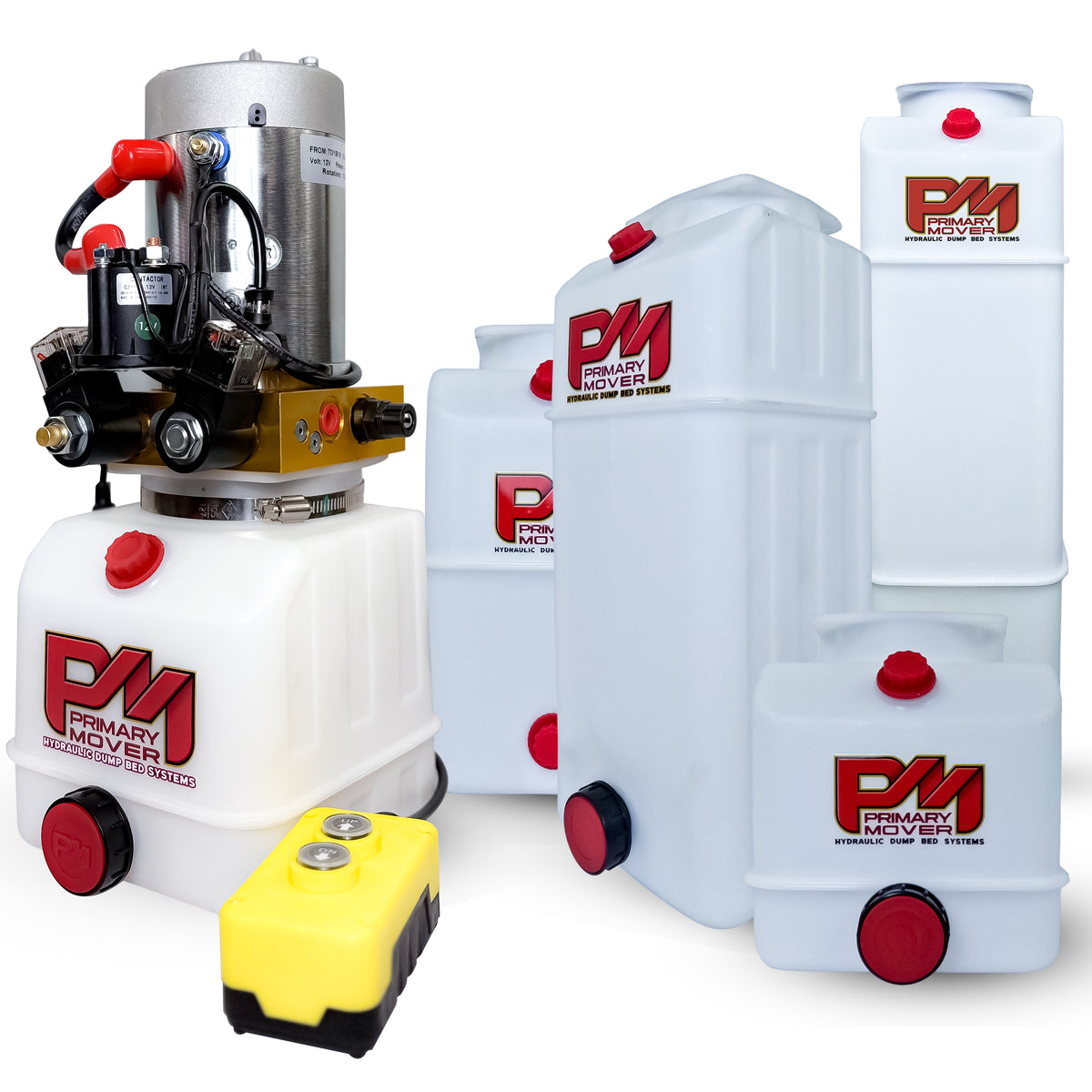 Primary Mover 12V Double-Acting Hydraulic Pump with poly reservoir, featuring red buttons on white containers, designed for hydraulic dump bed systems.