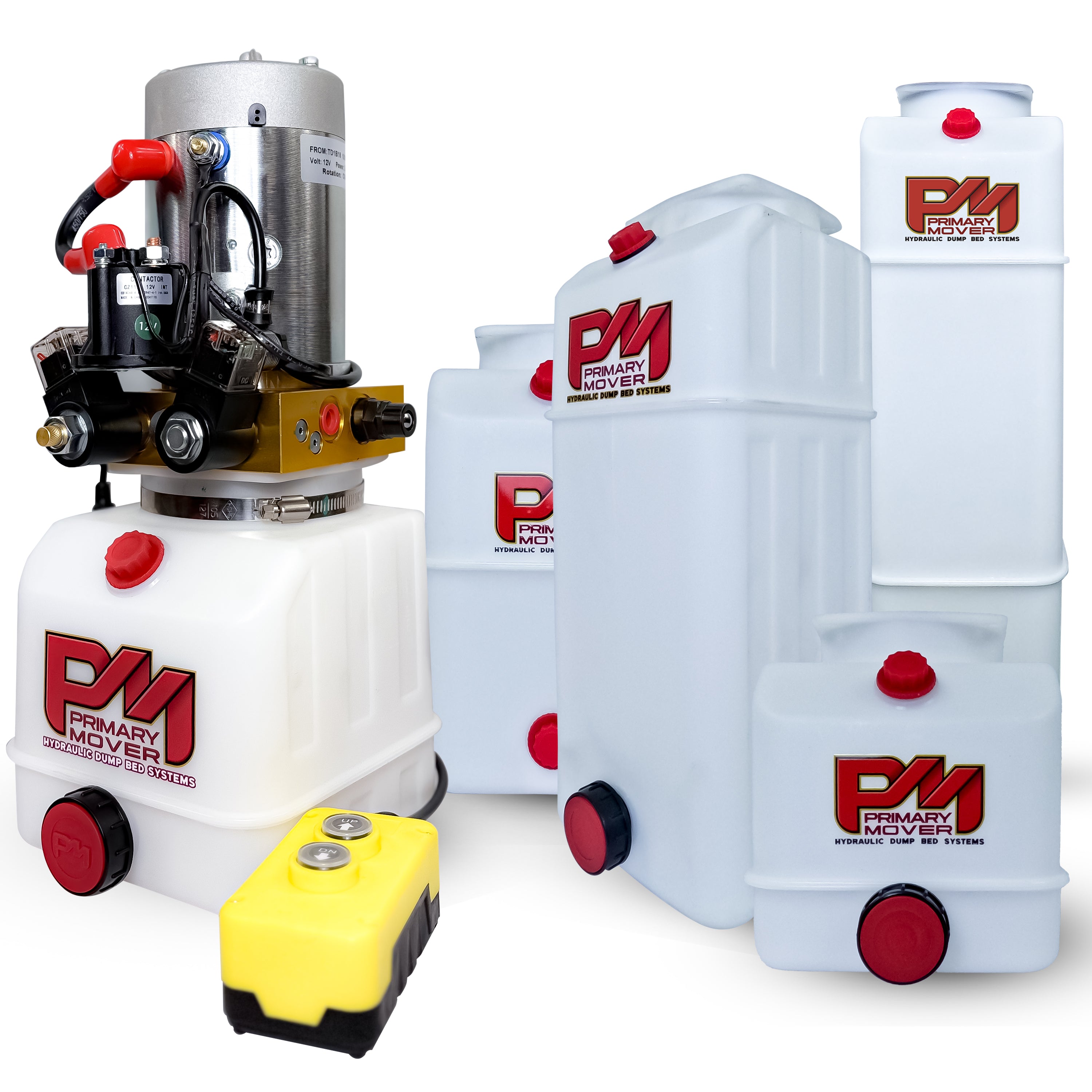Primary Mover 12V Double-Acting Hydraulic Pump with poly reservoir, featuring red buttons on white containers, designed for hydraulic dump bed systems.