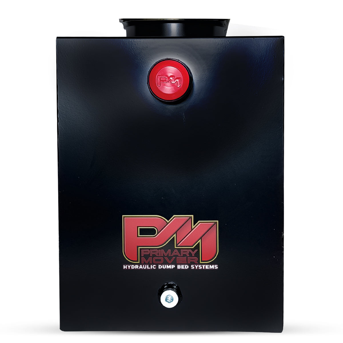 Close-up of the Hydraulic Power Unit Replacement Reservoir 15 Quart Steel, showcasing logo and precision measurements for hydraulic pump applications.