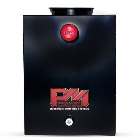 Close-up of the Hydraulic Power Unit Replacement Reservoir 15 Quart Steel, showcasing logo and precision measurements for hydraulic pump applications.