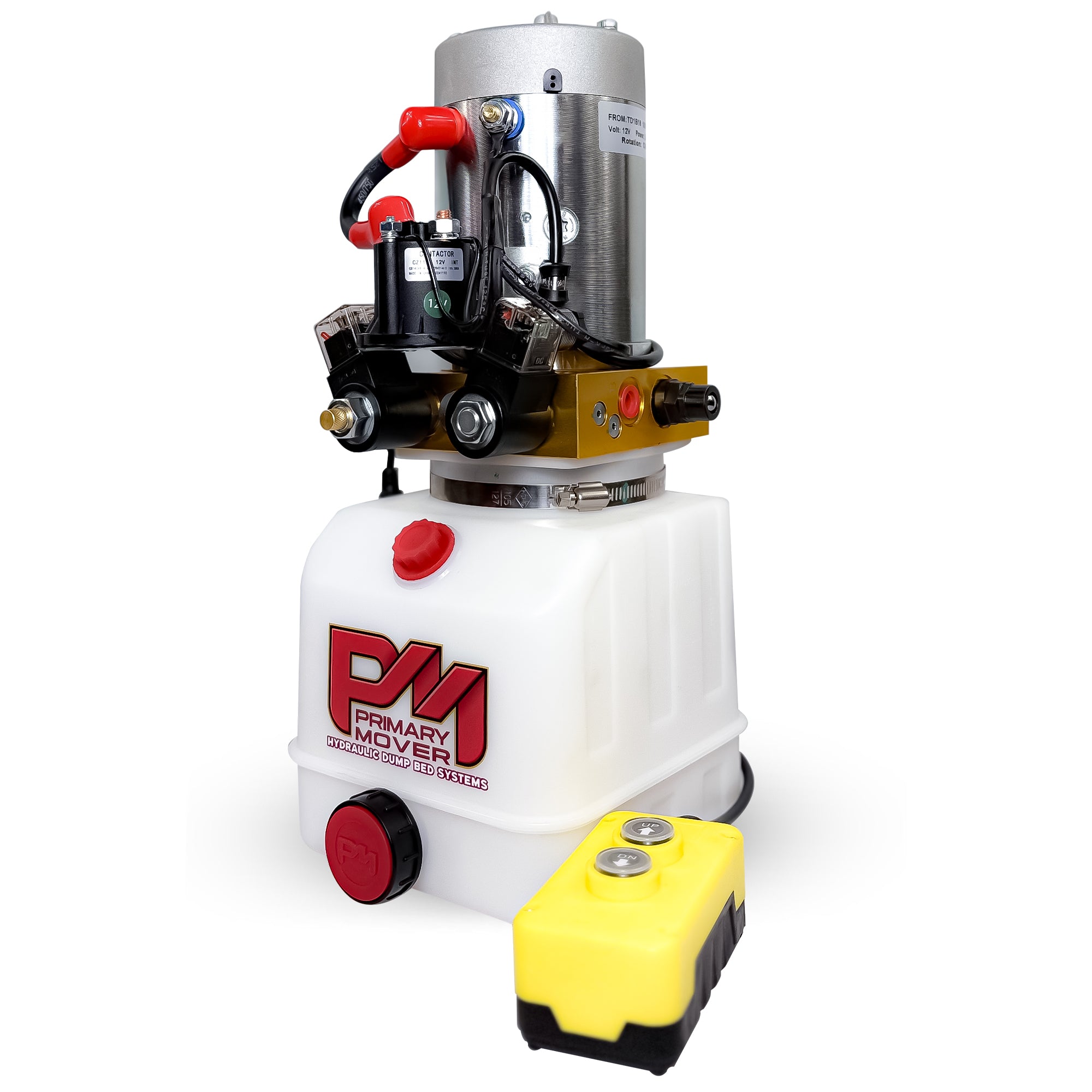 Primary Mover 12V Double-Acting Hydraulic Pump with a poly reservoir, featuring a yellow battery, red buttons, and a compact, efficient design for hydraulic dump bed systems.
