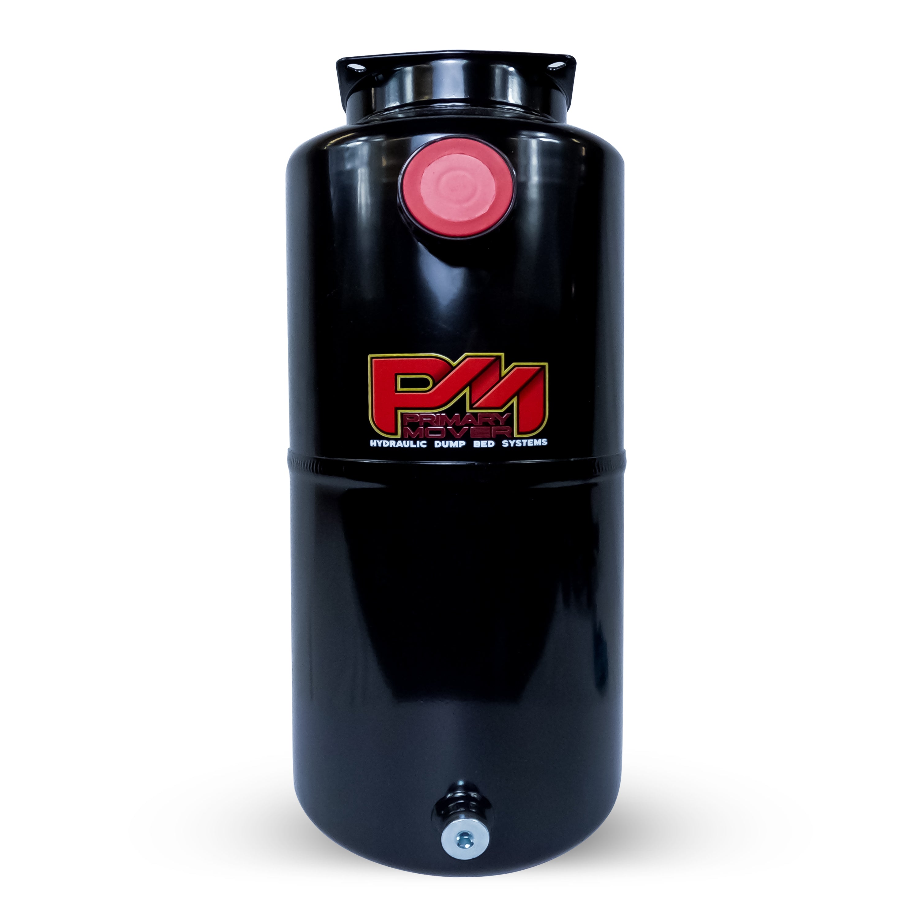 Hydraulic Power Unit Replacement Reservoir 8 Quart Steel Round, showcasing a black cylindrical steel body with red text, ideal for hydraulic pump applications.