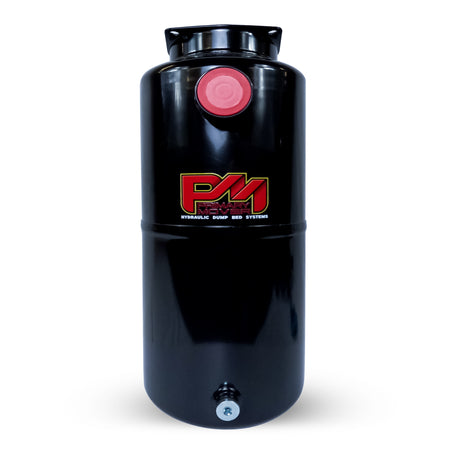 Hydraulic Power Unit Replacement Reservoir 8 Quart Steel Round, showcasing a black cylindrical steel body with red text, ideal for hydraulic pump applications.
