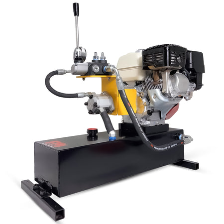 Primary Mover Double-Acting Gasoline Powered Hydraulic Pump | 55-1-2-G, featuring a black box, black hose, and integrated pressure gauge, powered by Honda GX200 engine.