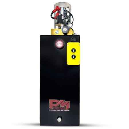 Primary Mover 12V Single-Acting Hydraulic Pump with Steel Reservoir, featuring a compact design, yellow button, and red cylinder for efficient hydraulic performance.
