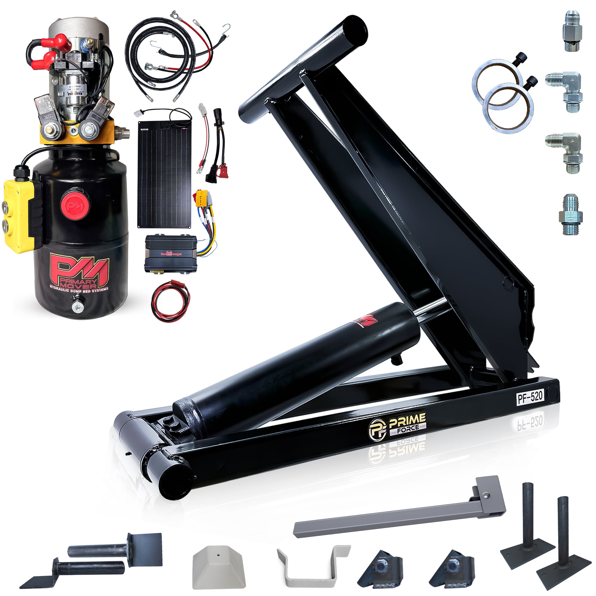 10 Ton Hydraulic Scissor Hoist Kit - Fits 12-16' Dump Body PF-520

Hydraulic kit showing power unit, control module, hoses, scissor-lift frame, and mounting hardware for dump trailers.