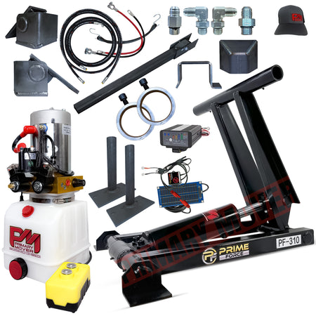 Close-up of 3 Ton Hydraulic Scissor Hoist Kit - PF-310, showcasing the durable 3.5 cylinder and compact design for tight spaces in dump trailers.