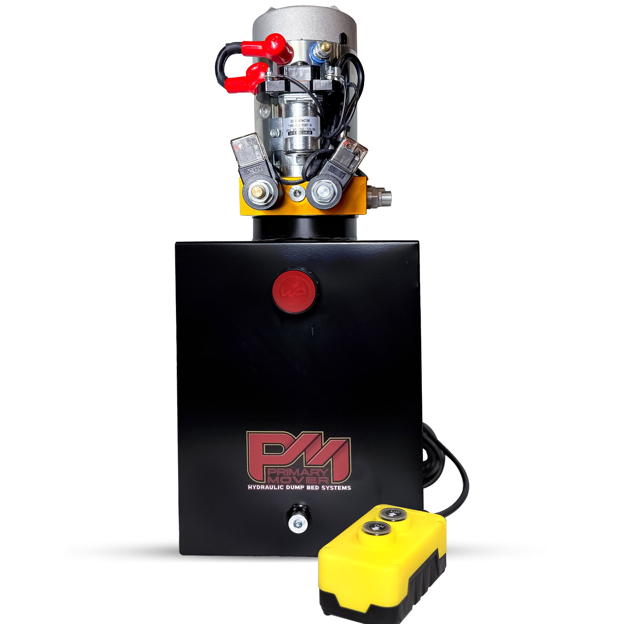 Primary Mover 12V Double-Acting Hydraulic Power Unit Steel Reservoirs

Hydraulic power unit with 12V DC solenoid, pump, and yellow pendant, ideal for dump trailers, offering bi-directional 3 HP motor control.