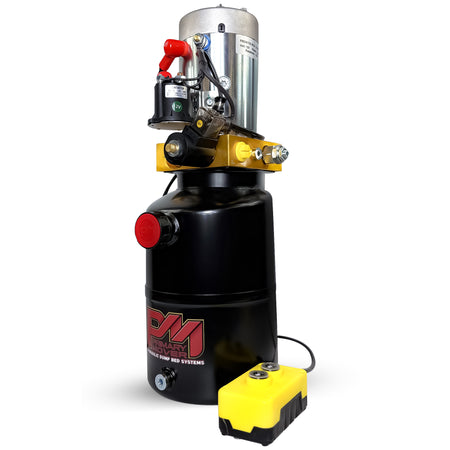 Primary Mover 12V Single-Acting Hydraulic Pump with Steel Reservoir, featuring a high-flow design, visible cylinder, and components suited for heavy-duty applications.