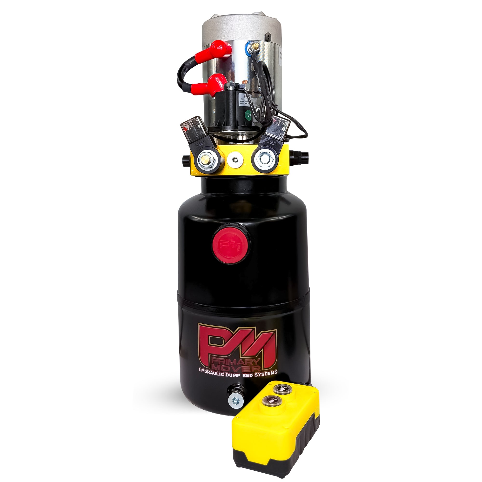 Primary Mover 12V Double-Acting Hydraulic Pump with steel reservoir, featuring a black and yellow design, red button, and black container with red text.
