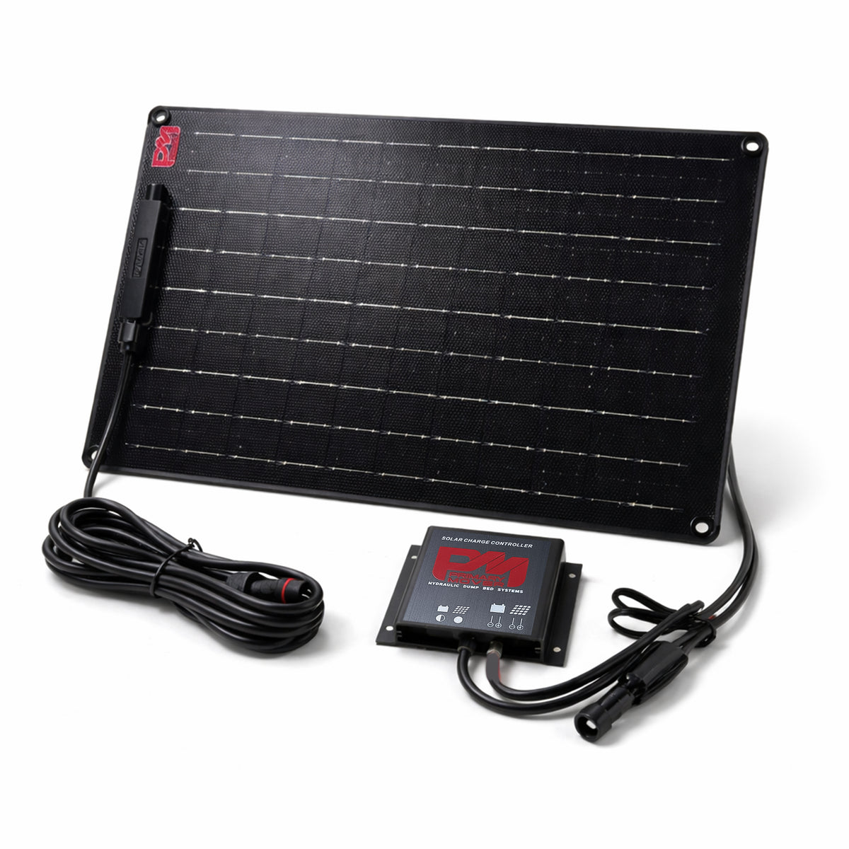 **Title:** 18W Solar Battery Maintainer for Dump Trailers

**Meta Description:** Portable solar charging kit with 18W panel, controller, and cables. Ideal for maintaining 12V batteries in dump trailers and hydraulic systems.

Photograph of an 18 Watt Solar Battery Maintainer for Dump Trailers & 12V Hydraulic Systems, featuring a flexible solar panel, charge controller, and connecting cables.