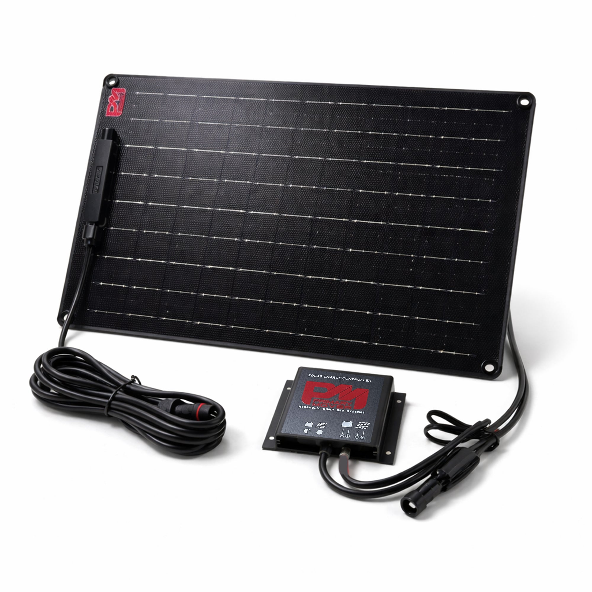 **Title:** 18W Solar Battery Maintainer for Dump Trailers

**Meta Description:** Portable solar charging kit with 18W panel, controller, and cables. Ideal for maintaining 12V batteries in dump trailers and hydraulic systems.

Photograph of an 18 Watt Solar Battery Maintainer for Dump Trailers & 12V Hydraulic Systems, featuring a flexible solar panel, charge controller, and connecting cables.
