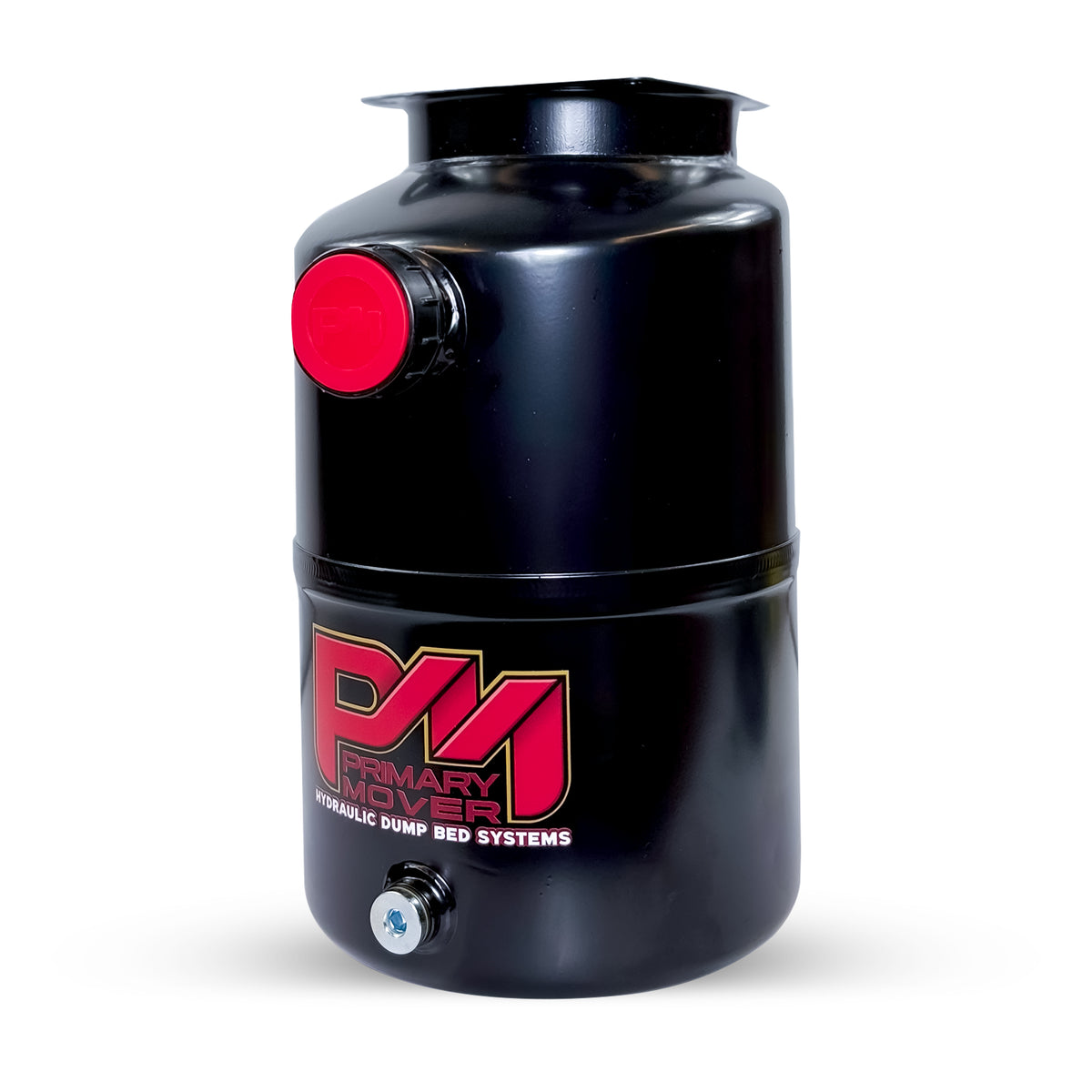 Hydraulic Power Unit Replacement Reservoir 6 Quart Steel Round, featuring a close-up of a screw and a black container with a red cap.