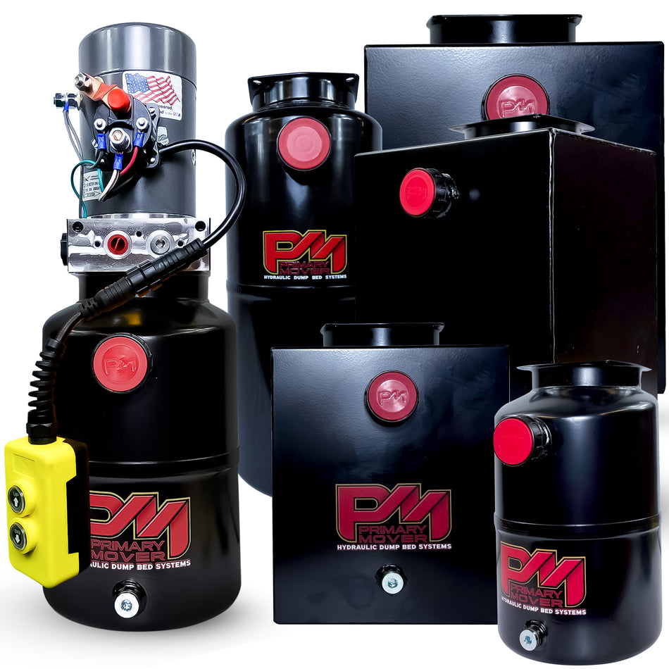 KTI 12V Single-Acting Hydraulic Pump with steel reservoir, featuring a close-up of the red button and black barrel with red cap, optimized for dump bed systems.