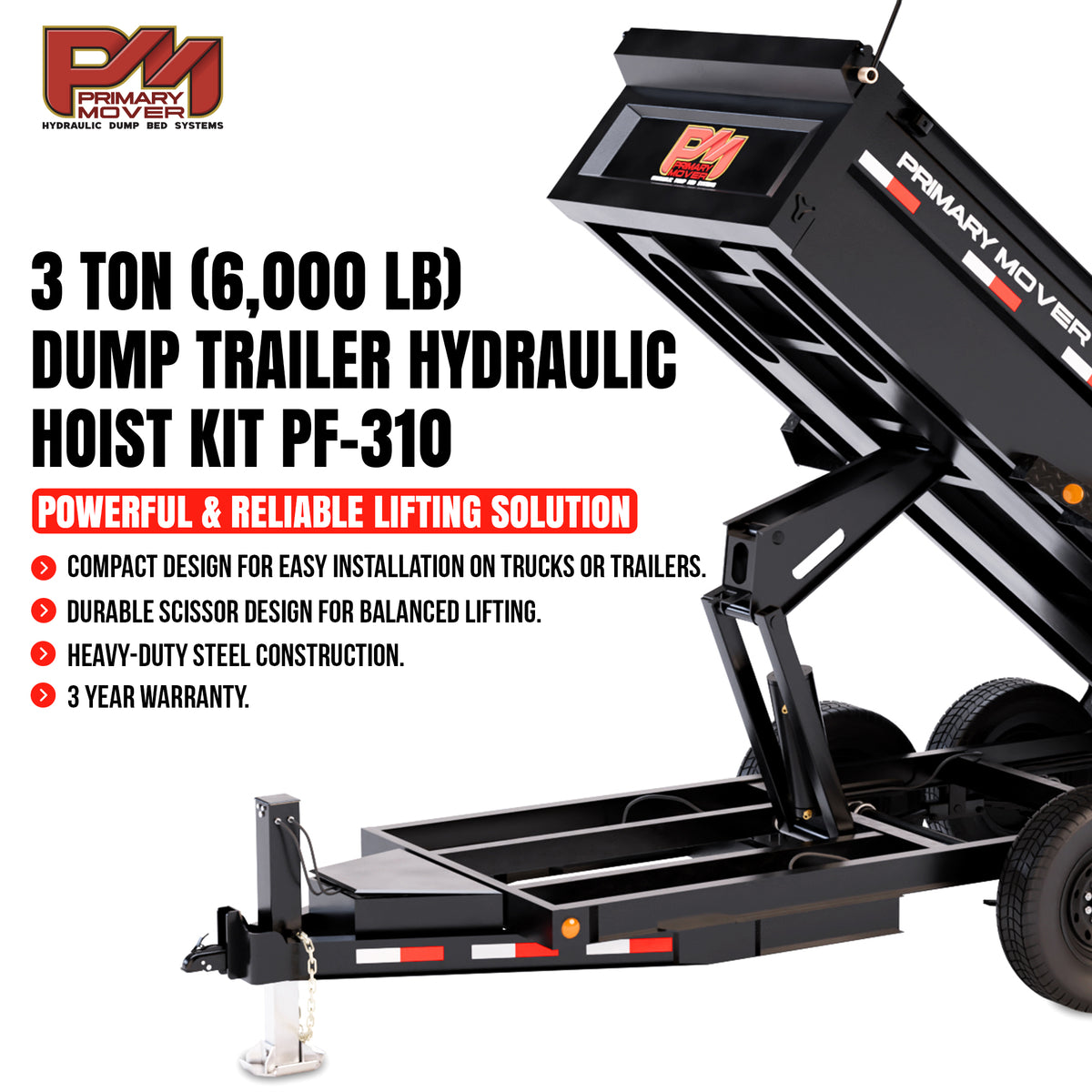 Primary Mover PF-310 3-ton hydraulic dump trailer hoist kit with a raised scissor lift mechanism.