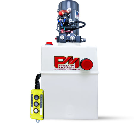 KTI 12V Double-Acting Hydraulic Pump - Poly Reservoir: Features a compact hydraulic power unit with a white tank, motor, solenoid-valve manifold, and 3-button pendant.