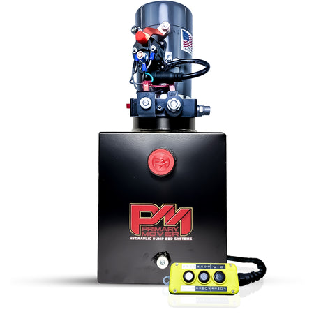 KTI 12V Double-Acting Hydraulic Pump - Steel Reservoir, featuring a robust design with a red logo on a black box, ideal for heavy-duty hydraulic systems.