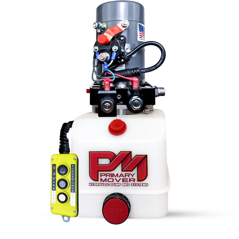 KTI 12V Double-Acting Hydraulic Pump - Poly Reservoir

Compact hydraulic pump assembly with electric motor, white reservoir, and three-button pendant for efficient dump bed lifting and lowering.