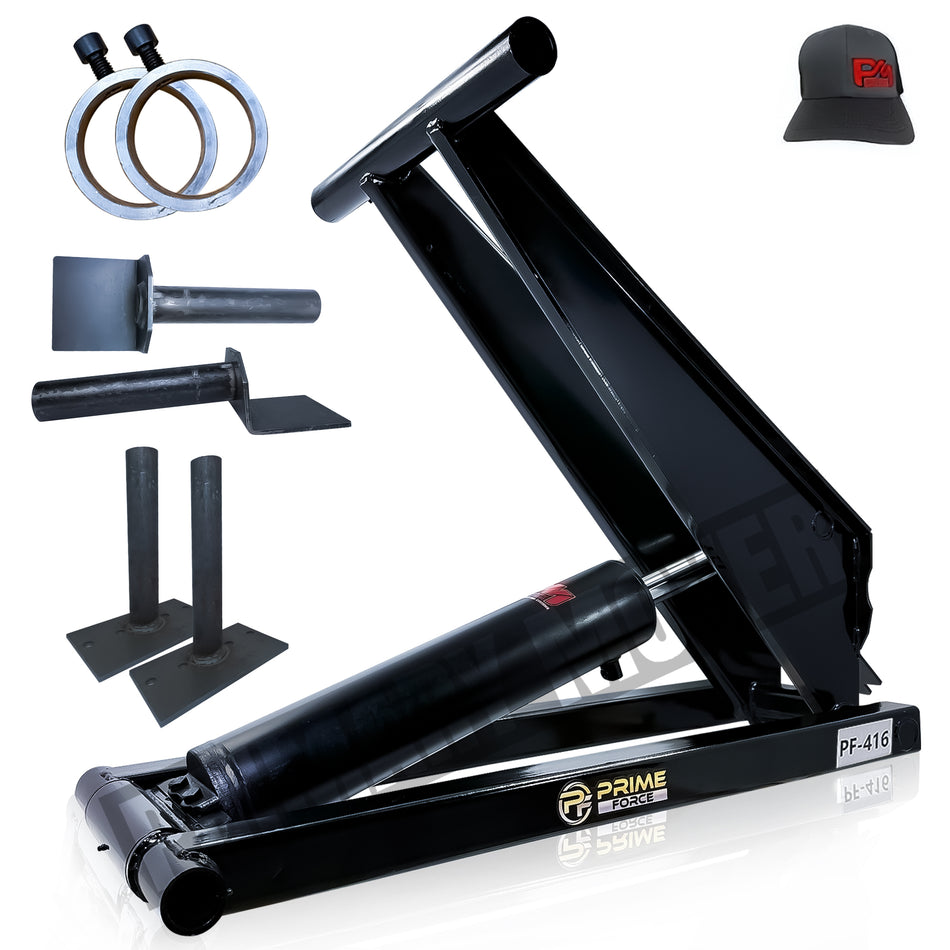 6 Ton Hydraulic Scissor Hoist Kit - PF-416, featuring a robust 5.5 cylinder, ideal for 10-14' dump trailers, shown with a black hat displaying a red logo.