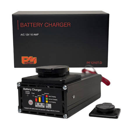 **Title:** Panel Mount Battery Charger & Tester - 10 Amp | PM1210T-D  

**Meta Description:** Efficient 12V battery charger with tester, featuring LED indicators, 3-step charging, and a remote panel. Ideal for lead-acid batteries.  

**Alt Text:** Panel mount battery charger with LED indicators, remote display, and tester for 12V lead-acid batteries. Includes A/C input, output leads, and retail packaging.