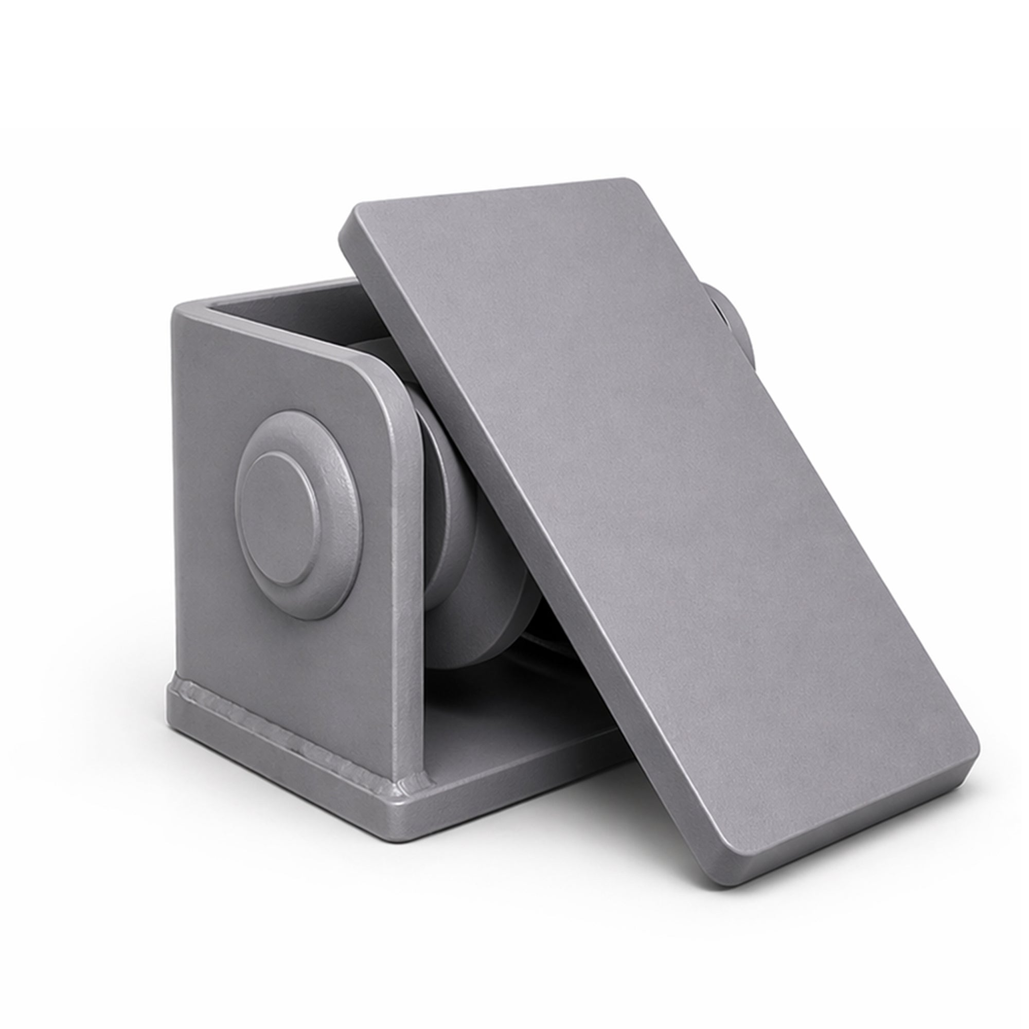 Foldable desktop stand with pivoting arms and hinges, suitable for propping smartphones or tablets on a desk.