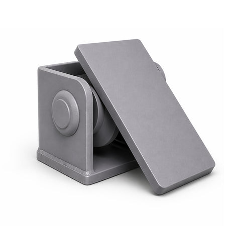 Foldable desktop stand with pivoting arms and hinges, suitable for propping smartphones or tablets on a desk.