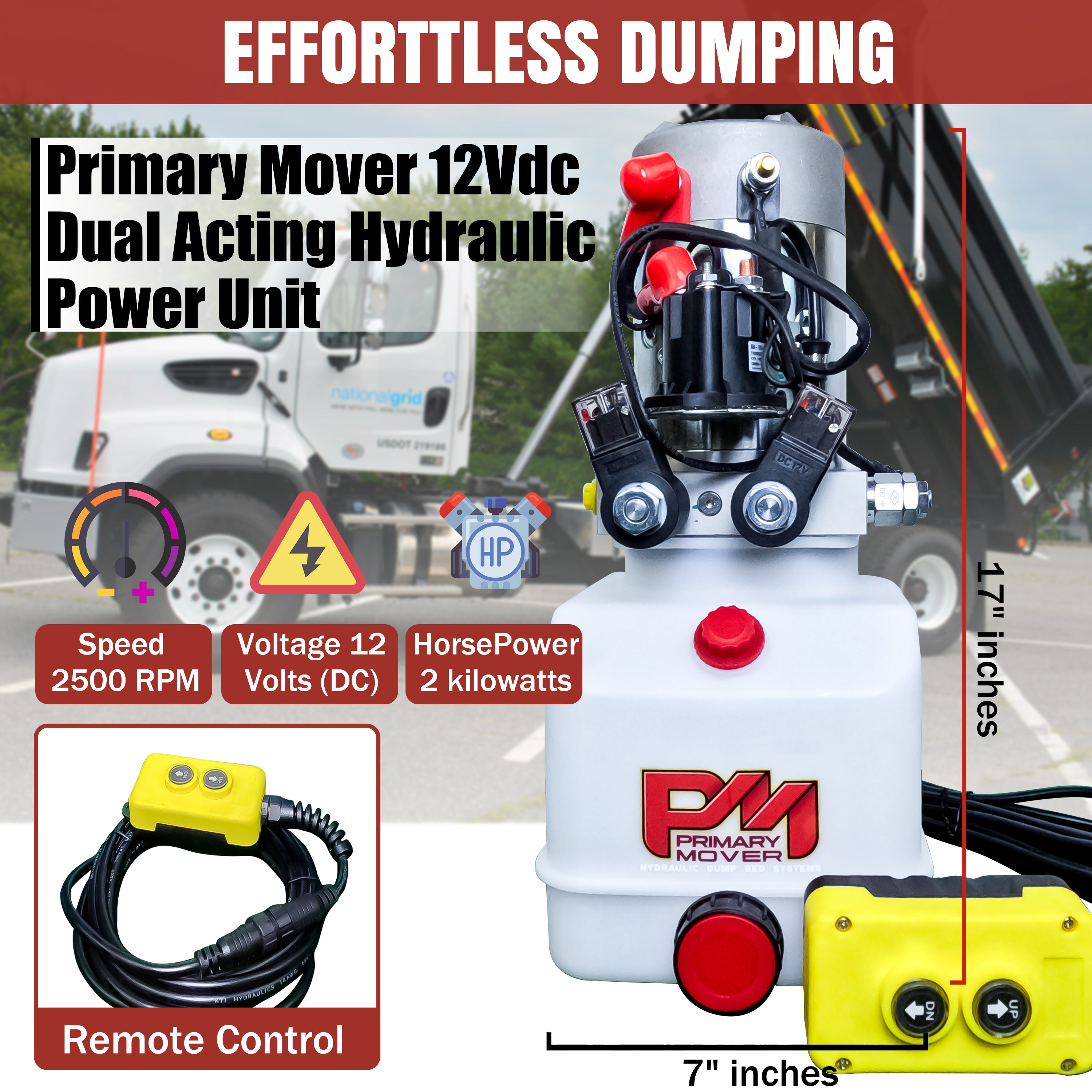 Primary Mover 12V Double-Acting Hydraulic Pump - Poly Reservoir: Precision dual-acting unit for hydraulic dump beds. Crafted for efficiency and durability, with 3200 PSI Max. Relief Setting. Handheld pendant included.