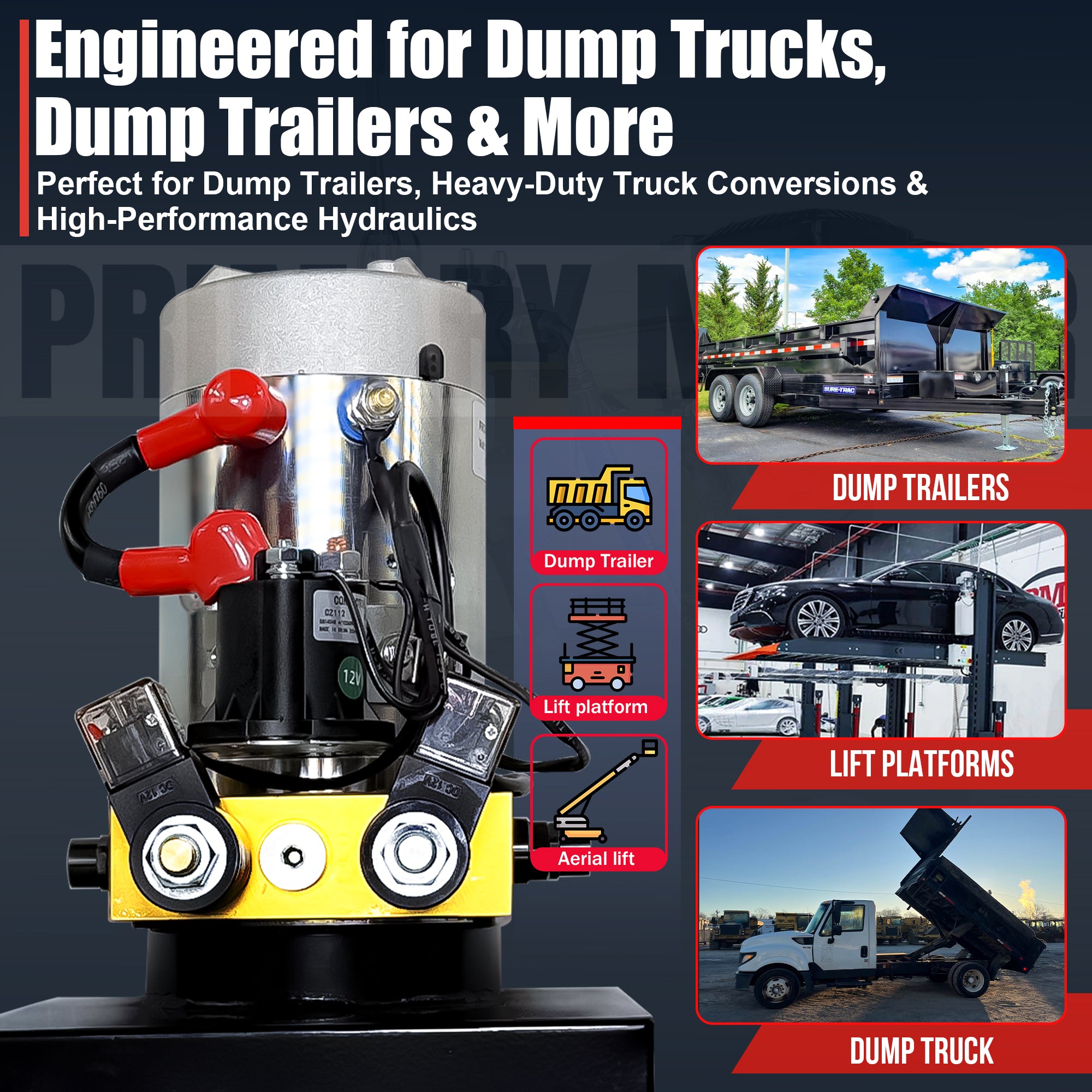 Primary Mover 12V Double-Acting Hydraulic Pump with Steel Reservoir, featuring dual-acting precision for efficient load handling, ideal for hydraulic dump bed systems.