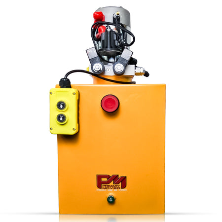 A yellow box with buttons, a red circle, and a logo on a yellow background, showcasing the Primary Mover Double Acting 12VDC Hydraulic Power Unit.