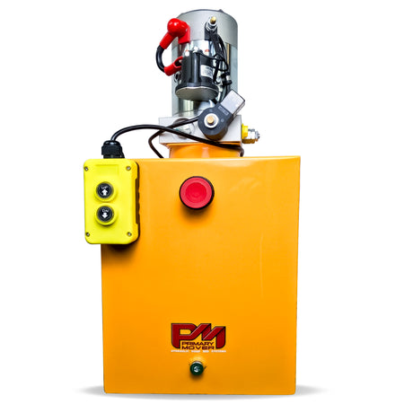 Alt text: A yellow box with a round cylinder and a red button, showcasing the Primary Mover 12V Single-Acting Hydraulic Pump with a steel reservoir for efficient hydraulic dump bed systems.