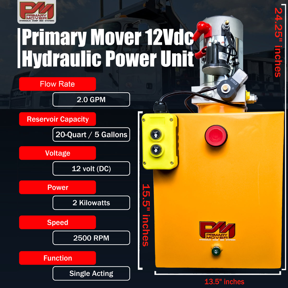 Primary Mover 12V Single-Acting Hydraulic Pump - Steel Reservoir for dump bed systems. High flow, 3200 PSI relief setting, 2.5 GPM, 4 Quart Reservoir, handheld pendant.