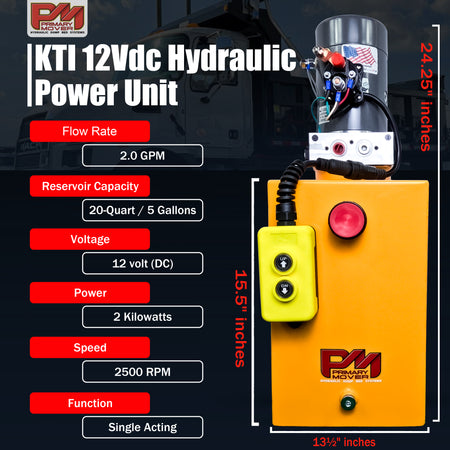 KTI 12V Single-Acting Hydraulic Pump - Steel Reservoir with control buttons and a compact, durable design for efficient hydraulic dump bed operations.
