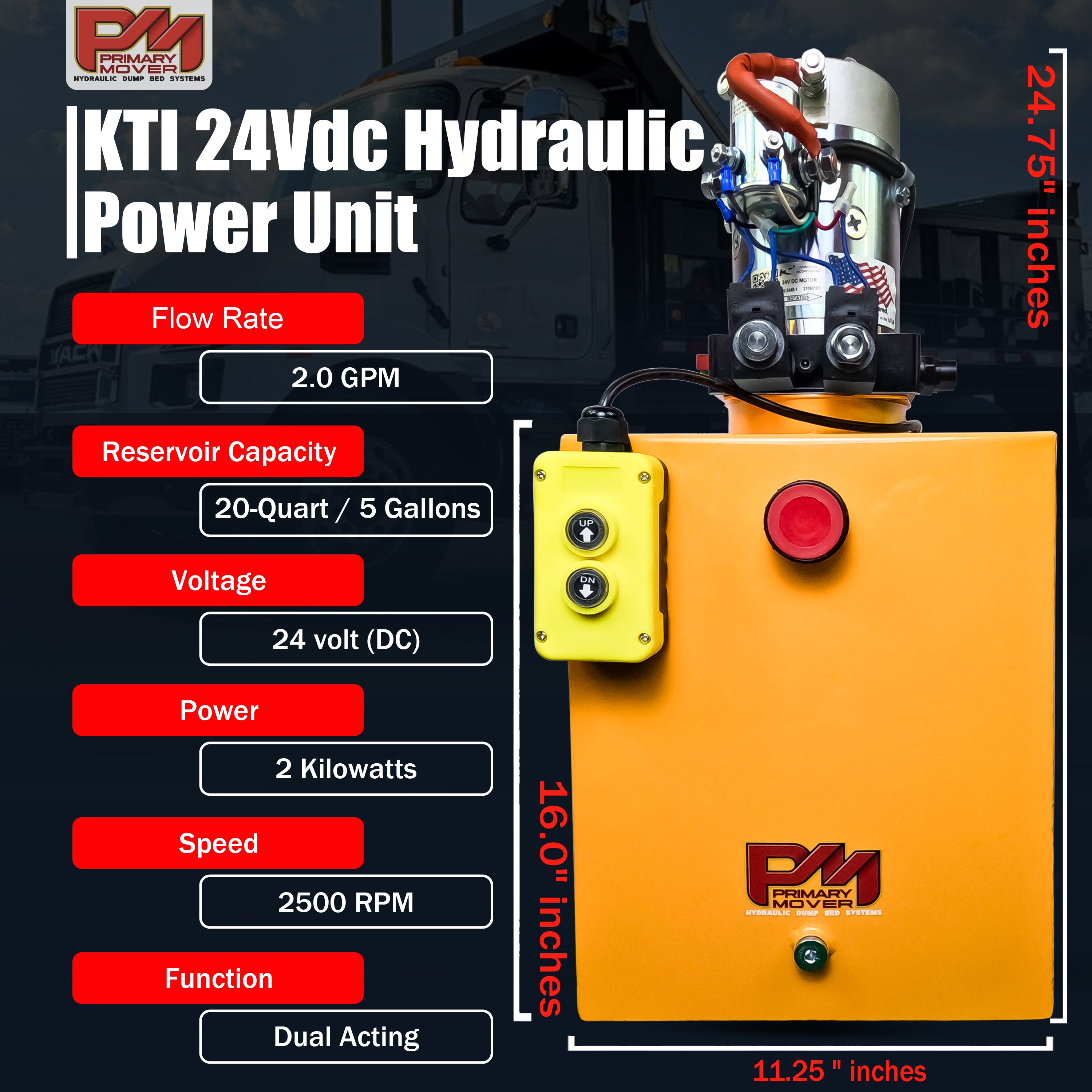 KTI 24Vdc Double Acting Hydraulic Power Unit with steel reservoirs, featuring visible control buttons, compact design, and robust construction ideal for heavy-duty applications.