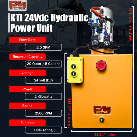 KTI 24Vdc Double Acting Hydraulic Power Unit with steel reservoirs, featuring visible control buttons, compact design, and robust construction ideal for heavy-duty applications.